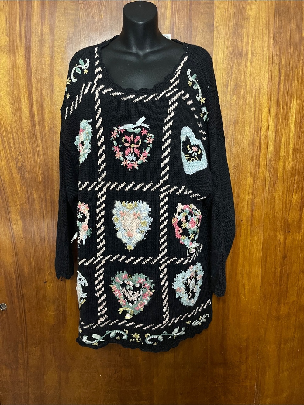 Vintage Kathie Lee 90s Heart Patchwork Sweater 20W Black Chunky Knit Grandmacore
